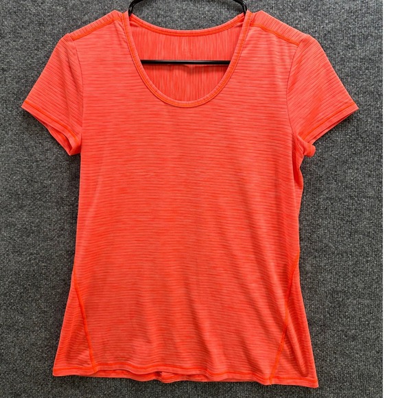 Athleta Tops - Athleta Womens Neon Coral Orange Ribbed Asymmetrical Hem Short Sleeve Tee Top, S